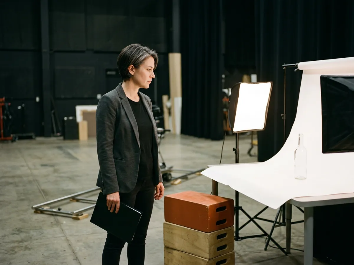 Executive producer standing on a quiet soundstage beside a stack of wooden apple boxes, watching a lit tabletop product set
