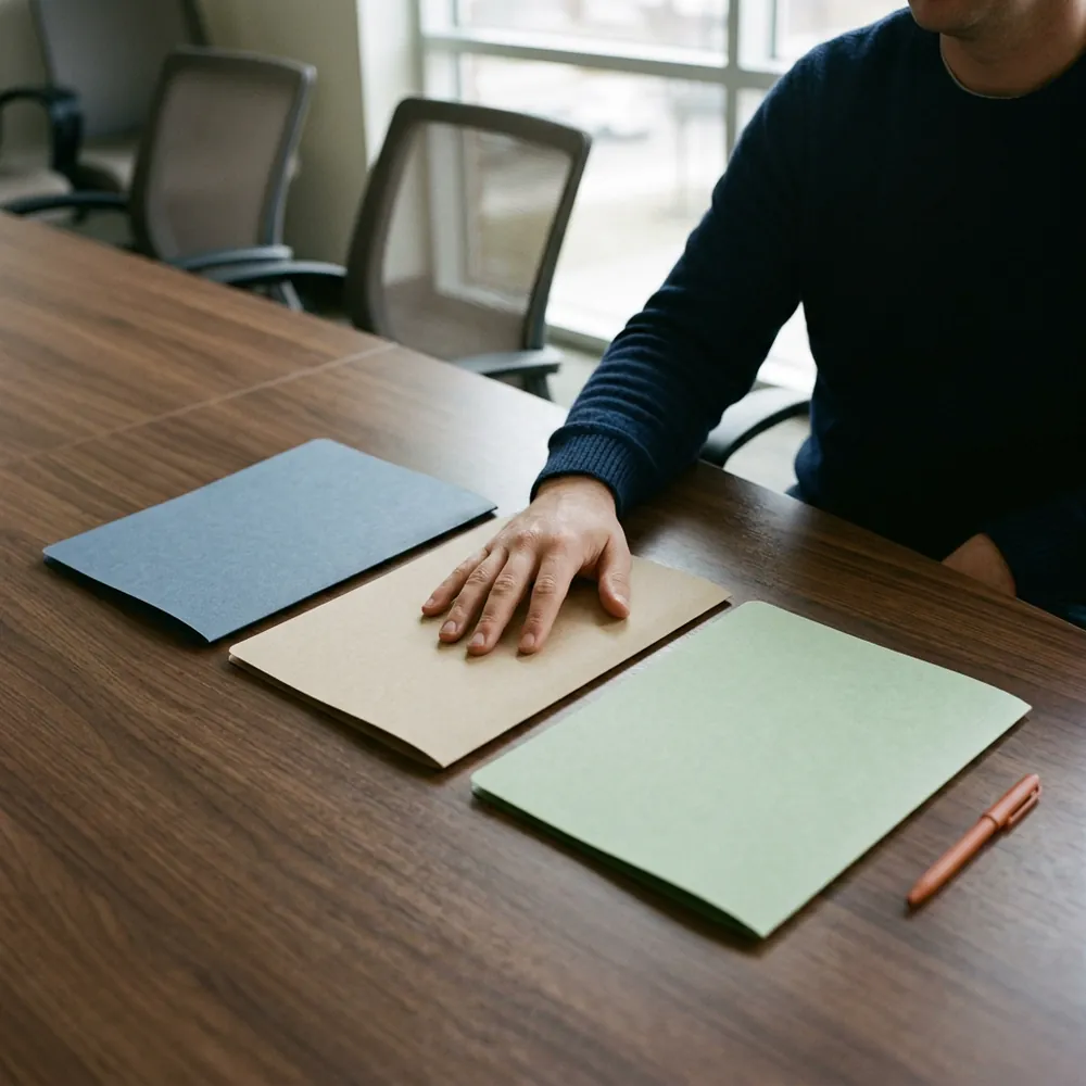 Three plain closed folders in slate blue, sand and pale green lined up on a walnut conference table, one hand resting on the middle folder