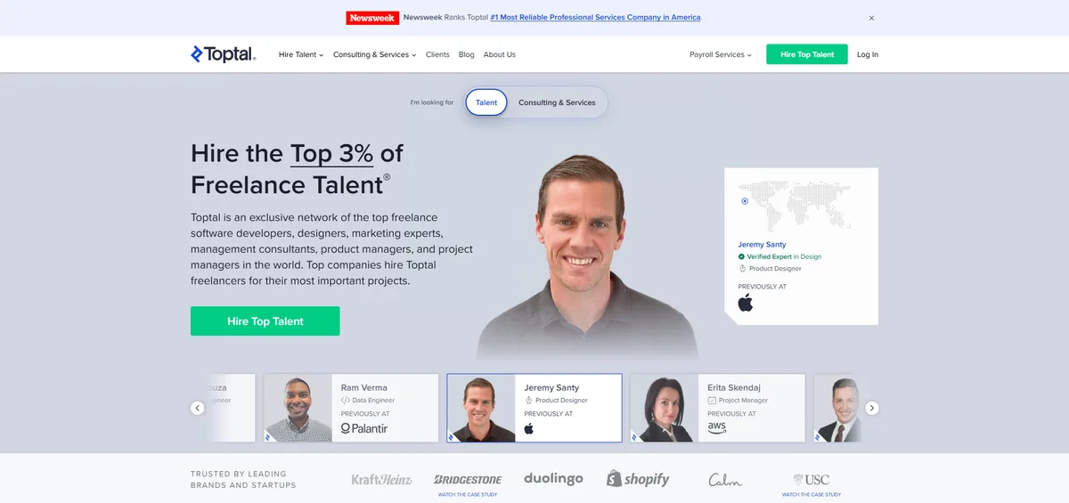 Toptal talent marketplace homepage with vetted freelancer profiles, 2026