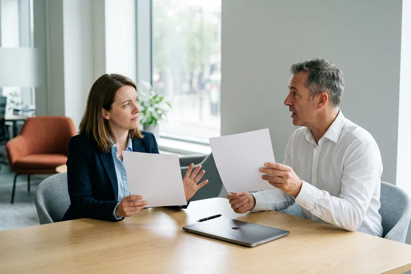 Two executives comparing conflicting printed reports across a meeting table during a quarterly review
