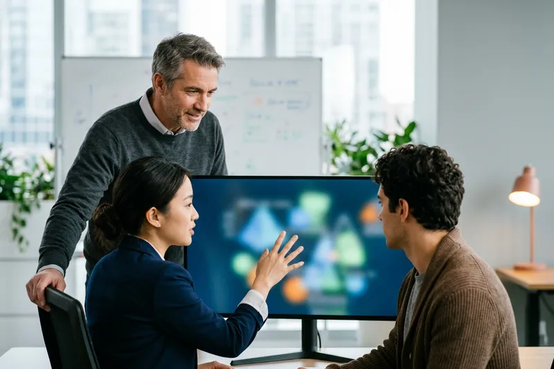 Fractional Chief Data Officer working through metric definitions with two analysts at a monitor