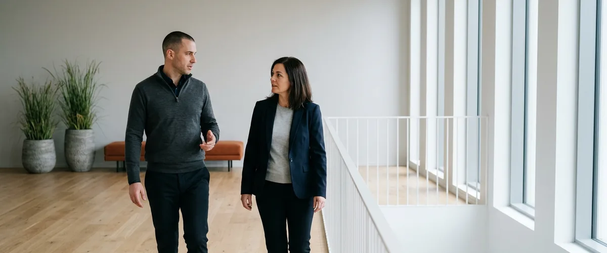 Two mid-market executives walking through an open office discussing fractional CIO tech leadership