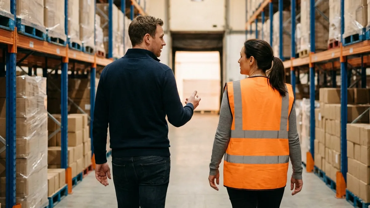 Fractional CIO walking a food distribution warehouse aisle with the operations director during an on-site systems review