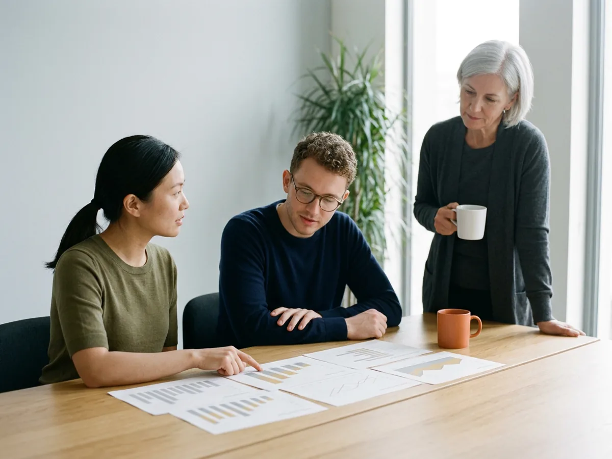 A data analyst and an analytics engineer reviewing printed charts at an office table while a senior data lead stands by with a mug, a three-person fractional data team