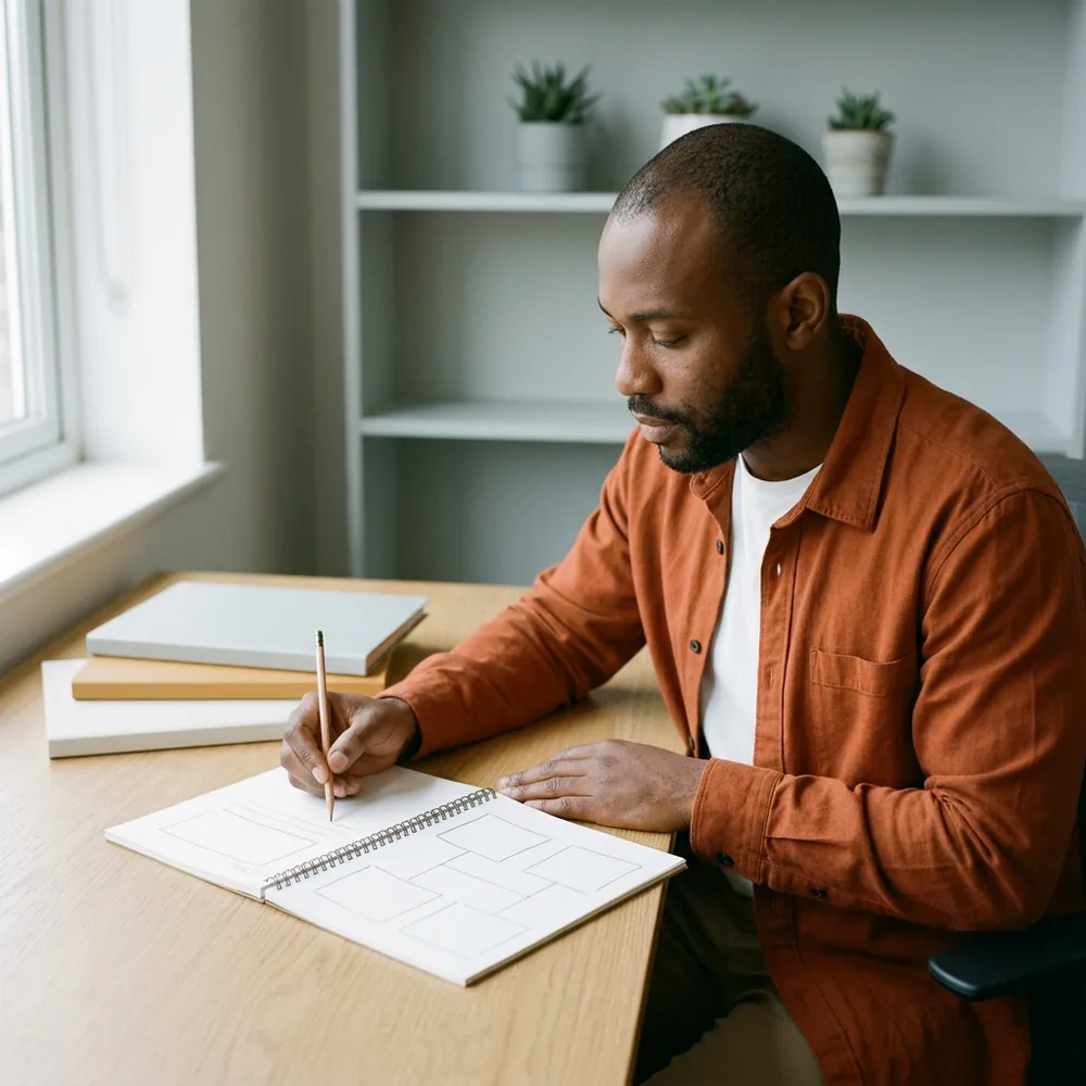 Analytics engineer sketching a data model as boxes in a notebook at a wooden desk, one seat on a fractional data team