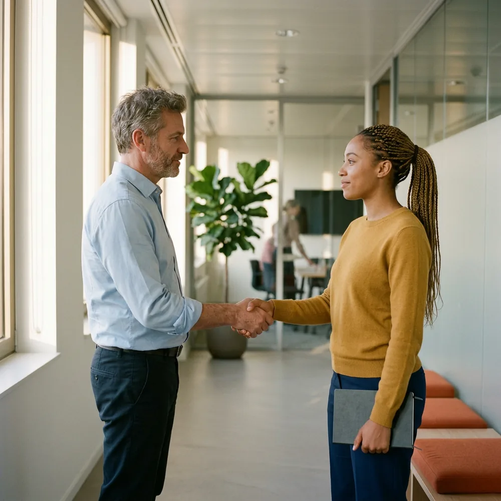 Finance director shaking hands with a data analyst in an office corridor, the day a fractional data team member converts to a full-time hire