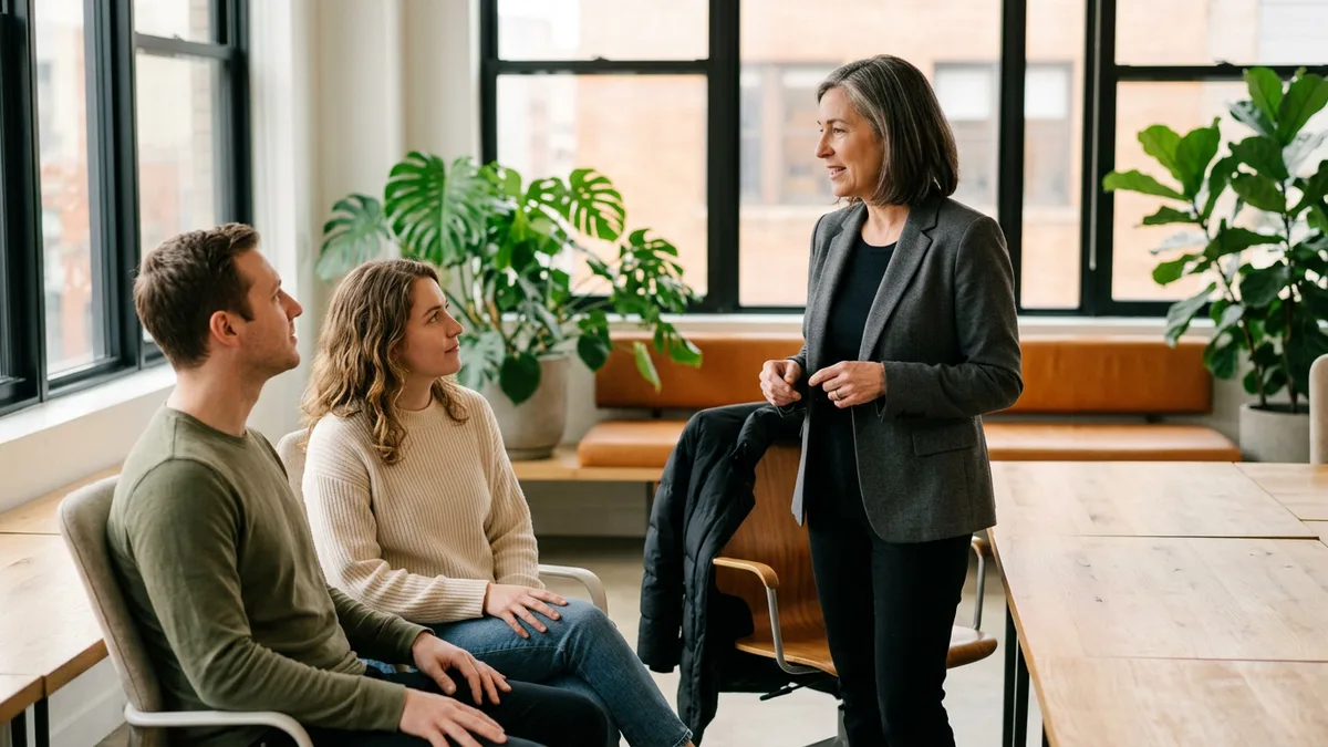 Fractional executive standing with her coat over a chair, coaching two seated team members during a part-time day on site
