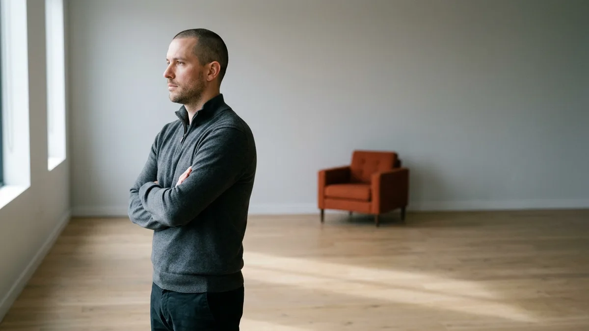 Fractional technology executive standing alone in a quiet mid-market office weighing a systems decision