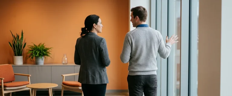 Two technology hiring professionals talking beside a window in a modern office lounge with an orange accent wall