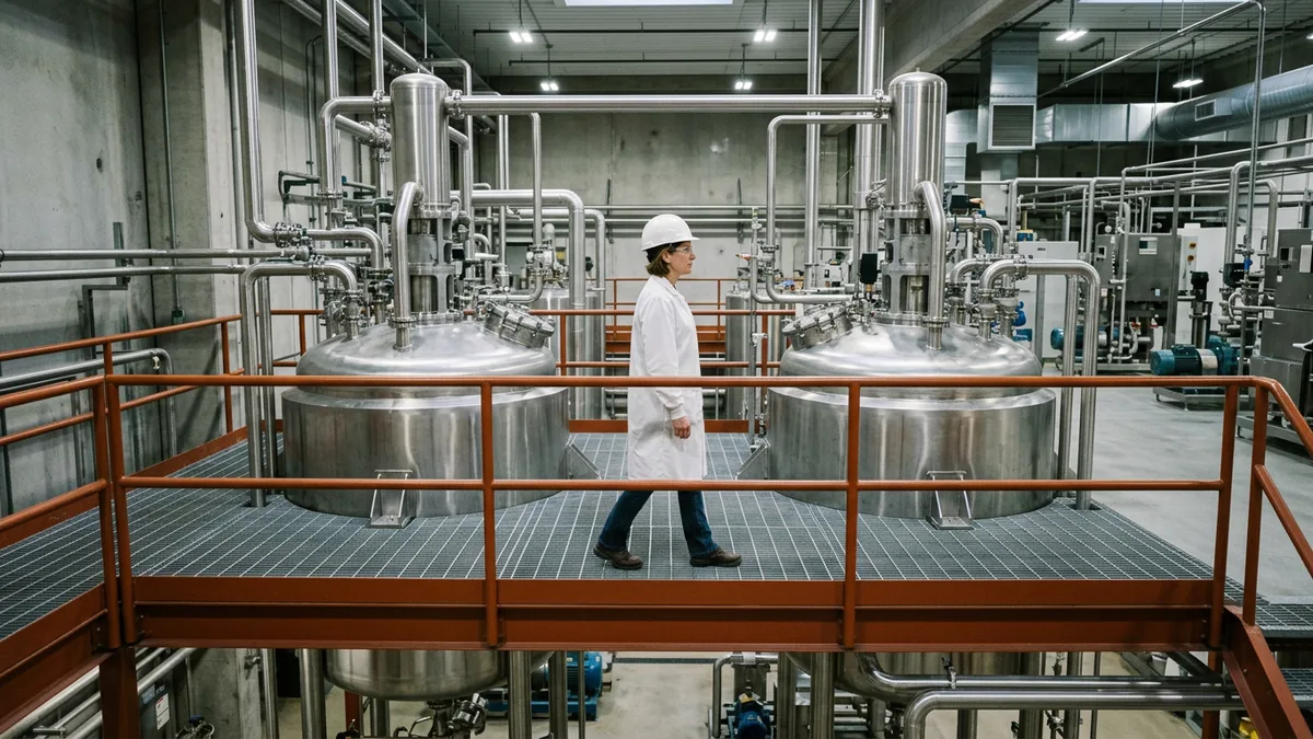 Process engineer in a hard hat walking between stainless steel reactors in an API manufacturing bay