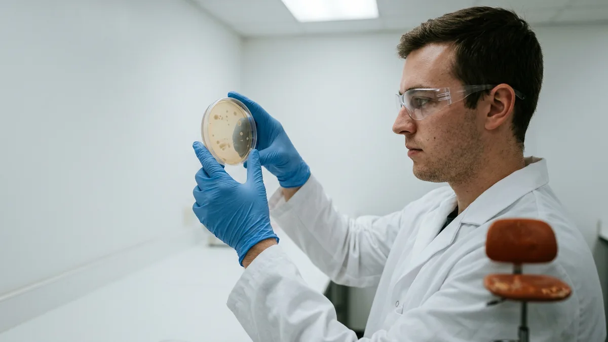QC microbiology analyst in safety glasses holding up a petri dish to read colonies in a pharmaceutical lab