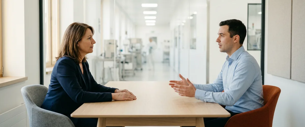 Pharmaceutical hiring manager interviewing a candidate about GMP experience in a glass-walled meeting room