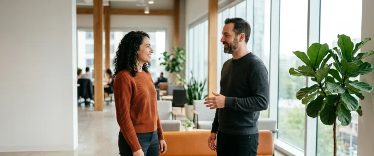 Two software engineers discussing a Golang developer job description in a bright modern office
