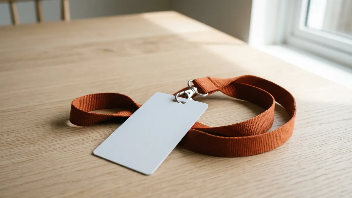 Blank credential badge on an orange lanyard, representing the Guidewire certification check before hiring a developer