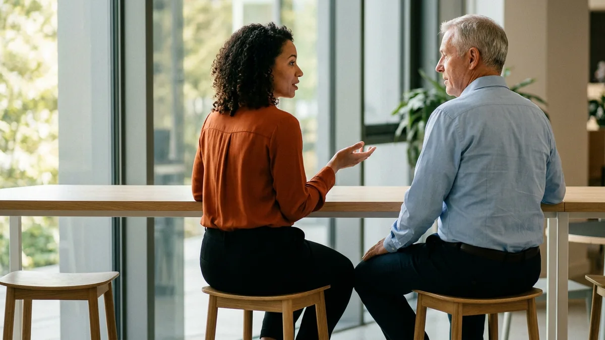 Hiring manager and candidate talking at a window counter while weighing a contract-to-hire Guidewire developer role