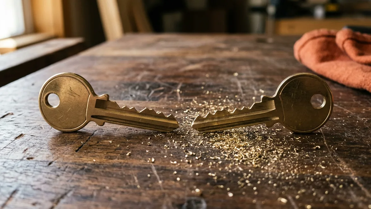 Two identical freshly cut brass keys on a worn wooden workbench with brass shavings, a picture of a duplicate created by a retry