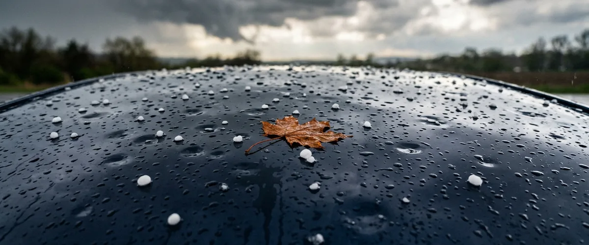 Hailstones and small dents scattered across a dark navy car roof under storm clouds, with a single fallen maple leaf