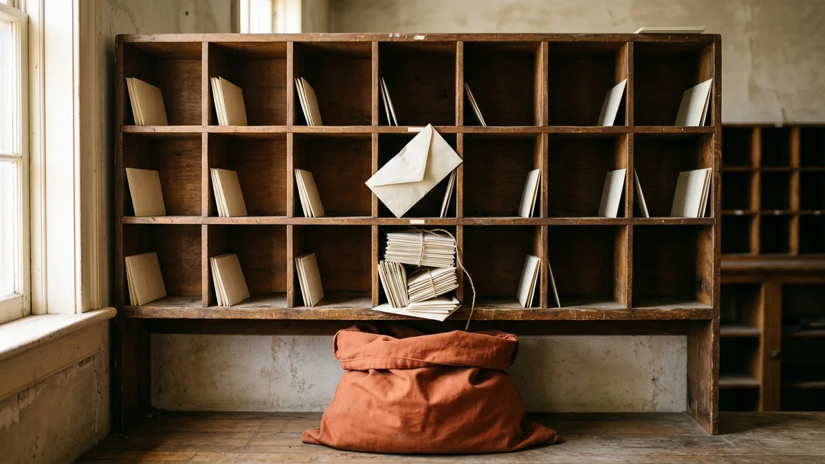 Wooden mail sorting rack with one pigeonhole jammed by a crooked envelope and a tied bundle of envelopes backed up behind it