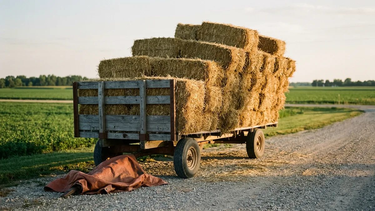 Wooden hay wagon stacked dangerously high with leaning straw bales on a gravel farm lane, like one oversized bundle waiting to commit