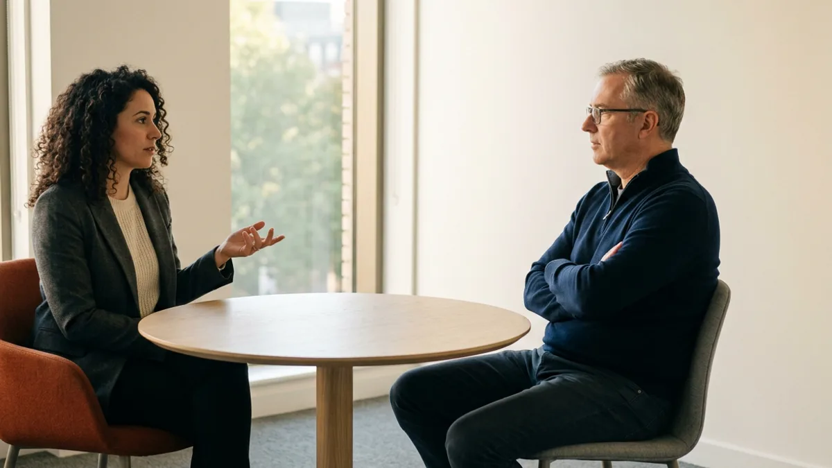 Guidewire business analyst explaining product requirements to a Guidewire developer at a round meeting table