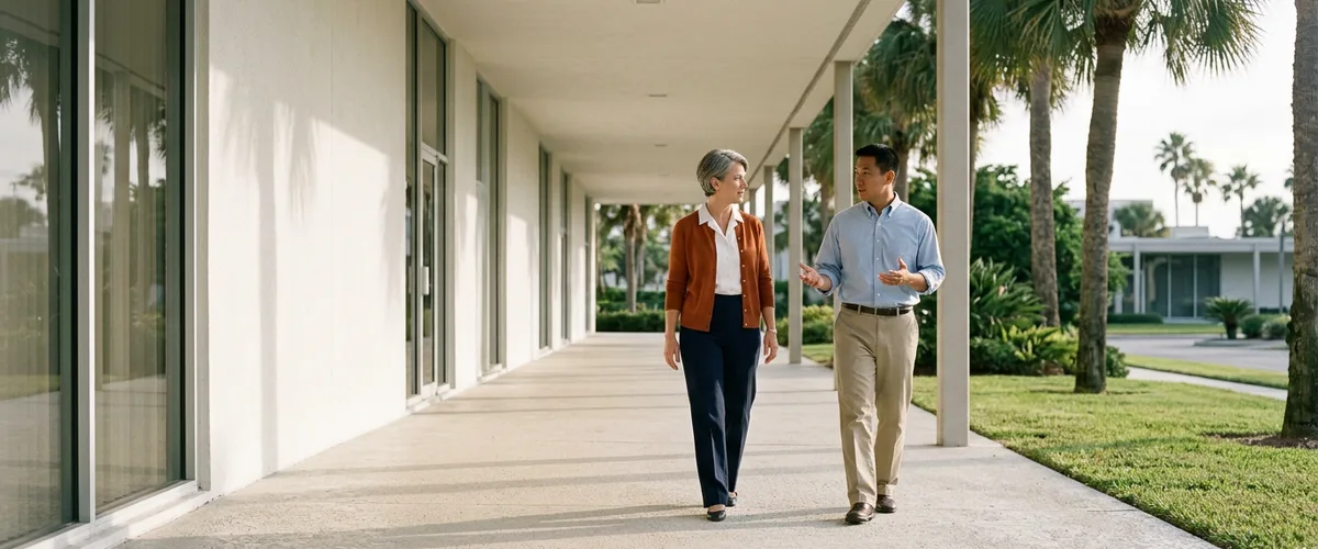 Insurance hiring manager and Guidewire engineer discussing a developer job description on a covered office walkway