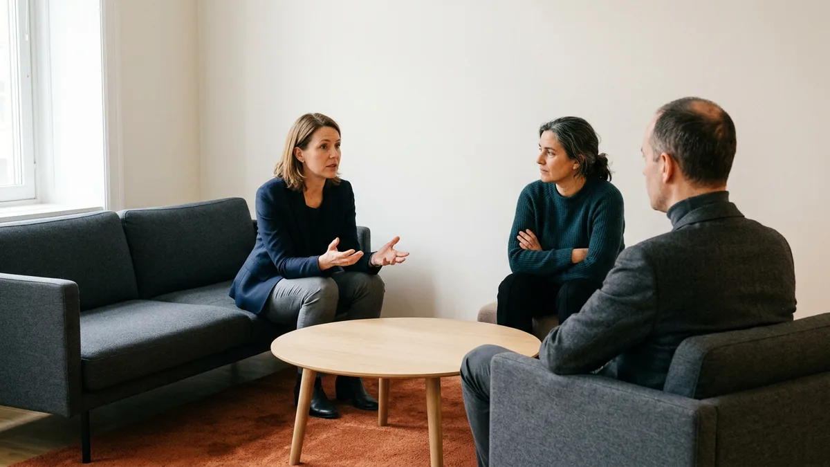 Three insurance technology leaders in an office lounge deciding which Guidewire application, layer, and deployment a new developer seat will cover