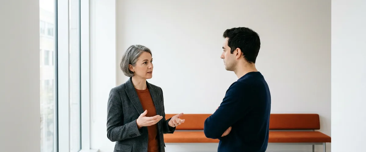 Two insurance technology colleagues talking beside a tall office window, one explaining with open hands and one listening with arms folded, an orange bench behind them
