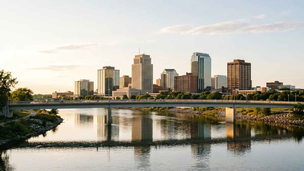 Midwestern city skyline across a river at golden hour with a pedestrian bridge crossing the water in the foreground