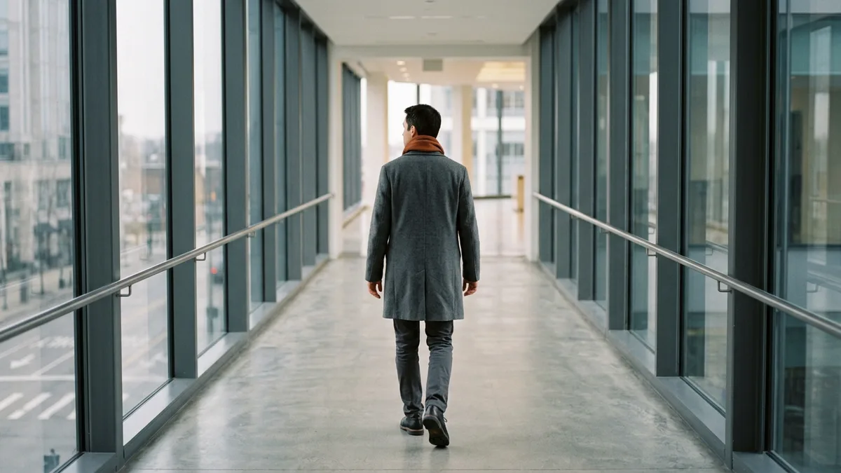 Developer in a grey overcoat and orange scarf walking across an enclosed glass skybridge between two office buildings