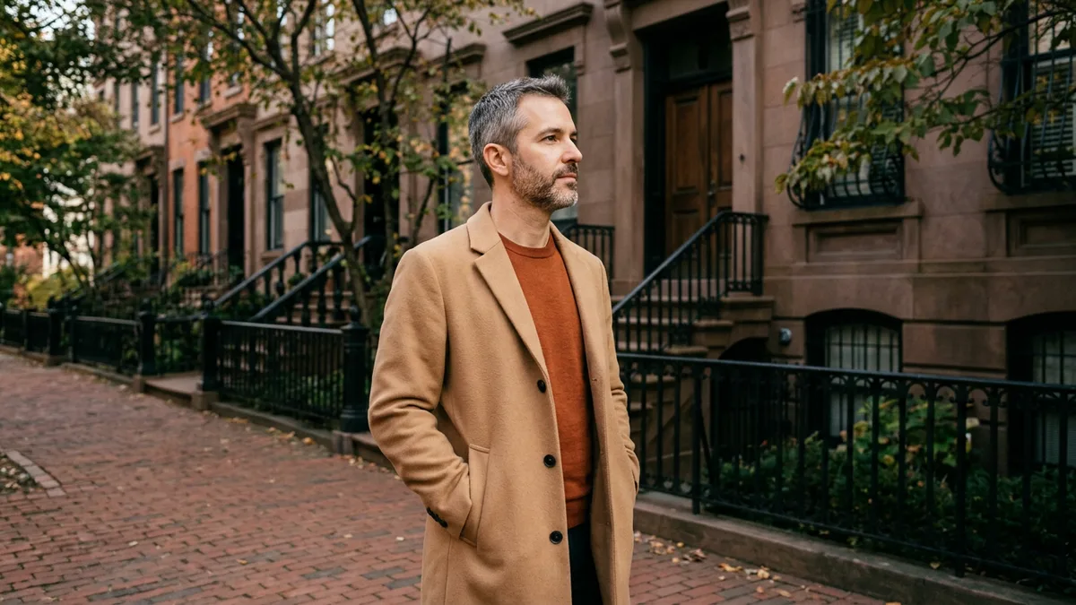 Senior Guidewire developer in a camel coat and orange sweater pausing on a red-brick sidewalk in front of brownstone townhouses