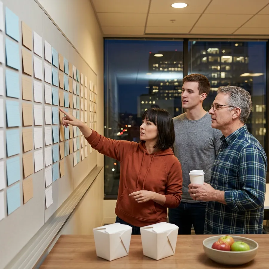 Three developers in an office project room at night, a woman in an orange hoodie pointing at columns of blank blue and tan index cards while two colleagues watch