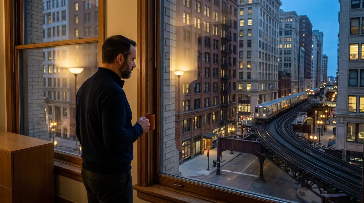 Man holding an orange mug at a Chicago Loop office window at blue hour, looking down at an elevated train curving between old masonry office towers