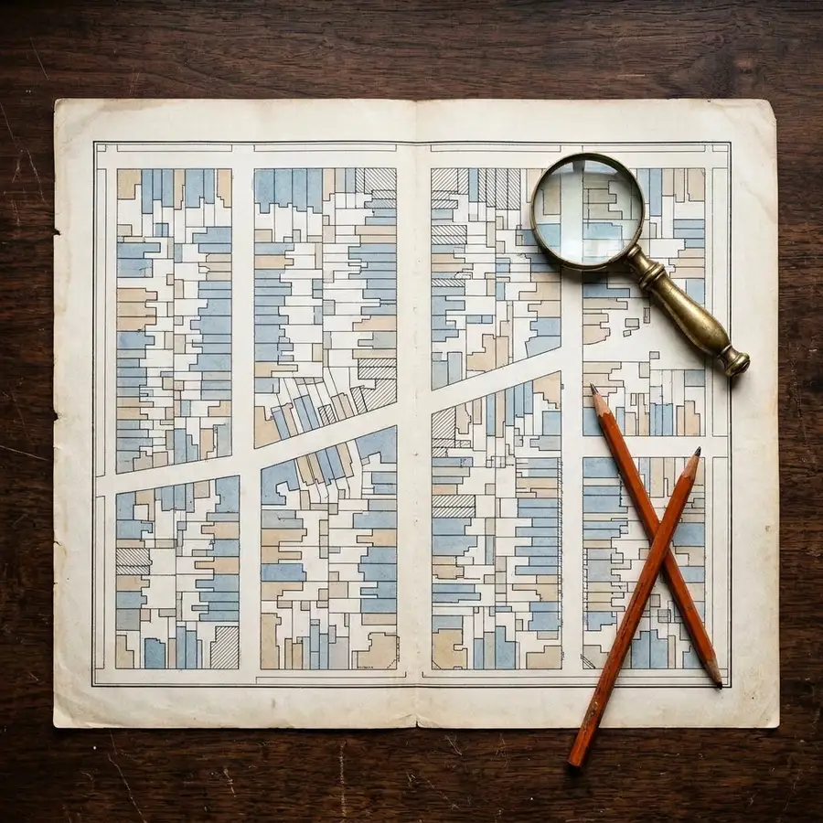 Antique hand-coloured fire insurance map sheet on a walnut desk, building footprints washed pale blue, tan and grey, with a brass magnifier and two orange pencils