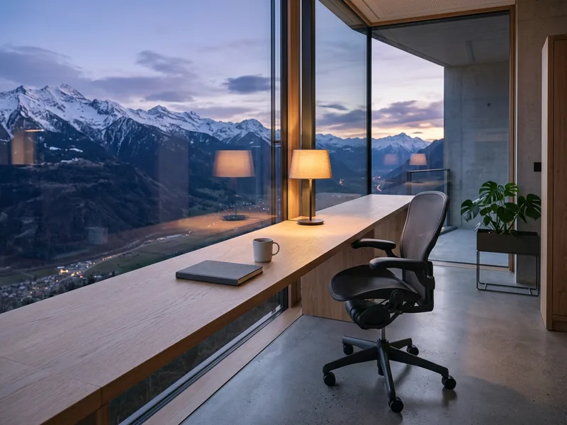 Empty office window counter at dusk facing snow-covered mountain peaks, an orange desk lamp switched on, KORE1 Guidewire staffing