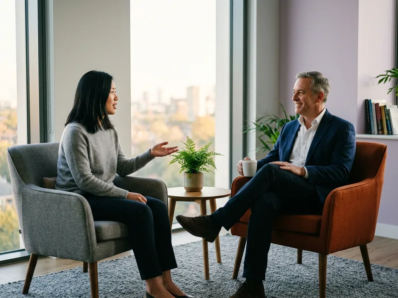 Guidewire developer and her delivery manager talking in lounge armchairs about the end of a contract term, KORE1