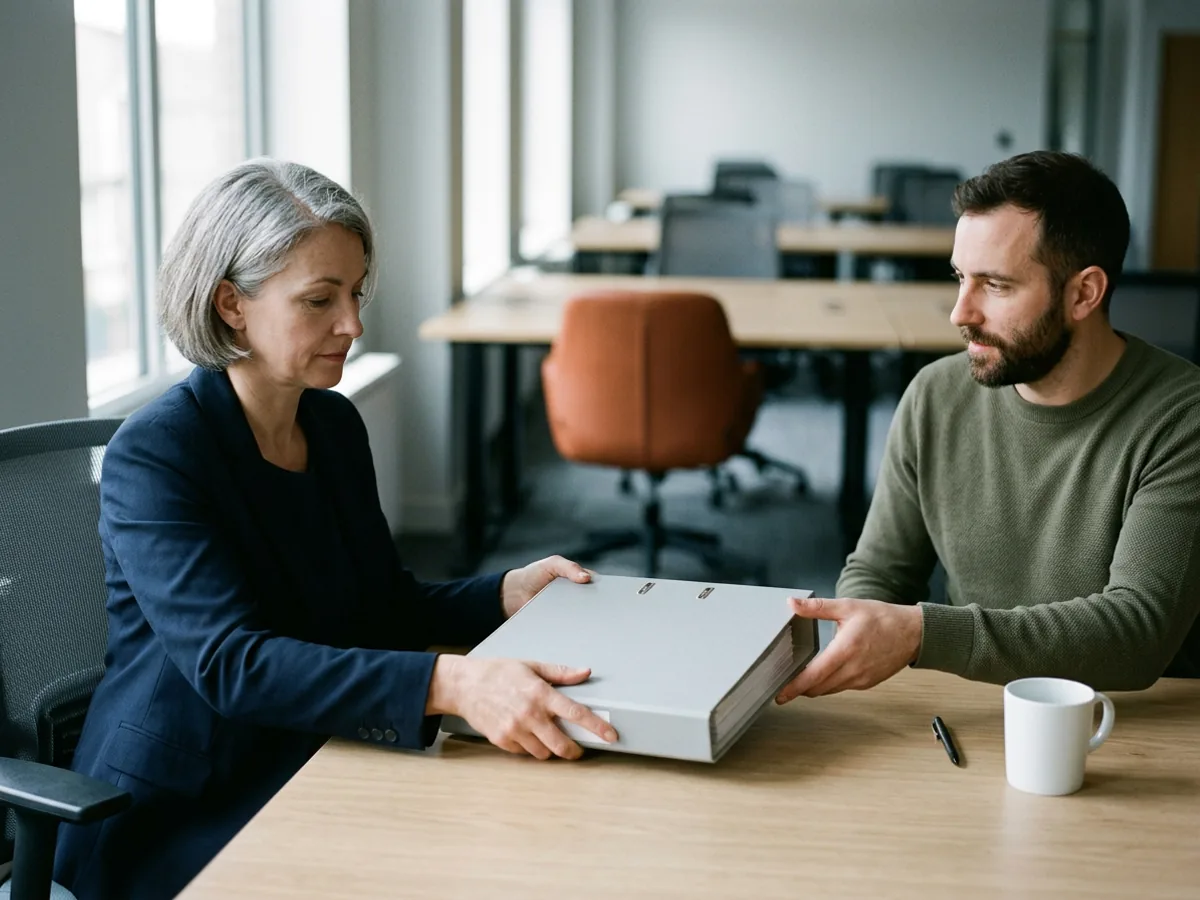 An implementation consultant slides a thick plain ring binder across an office desk to a carrier engineer who reaches to take it