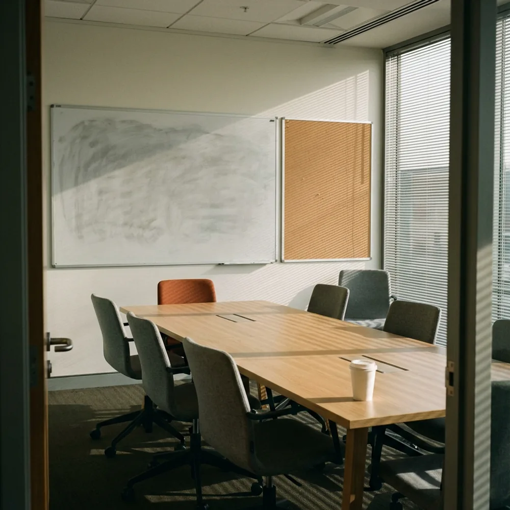An empty project room after a systems integrator team has left, chairs pushed in around a long table and a wiped whiteboard on the wall