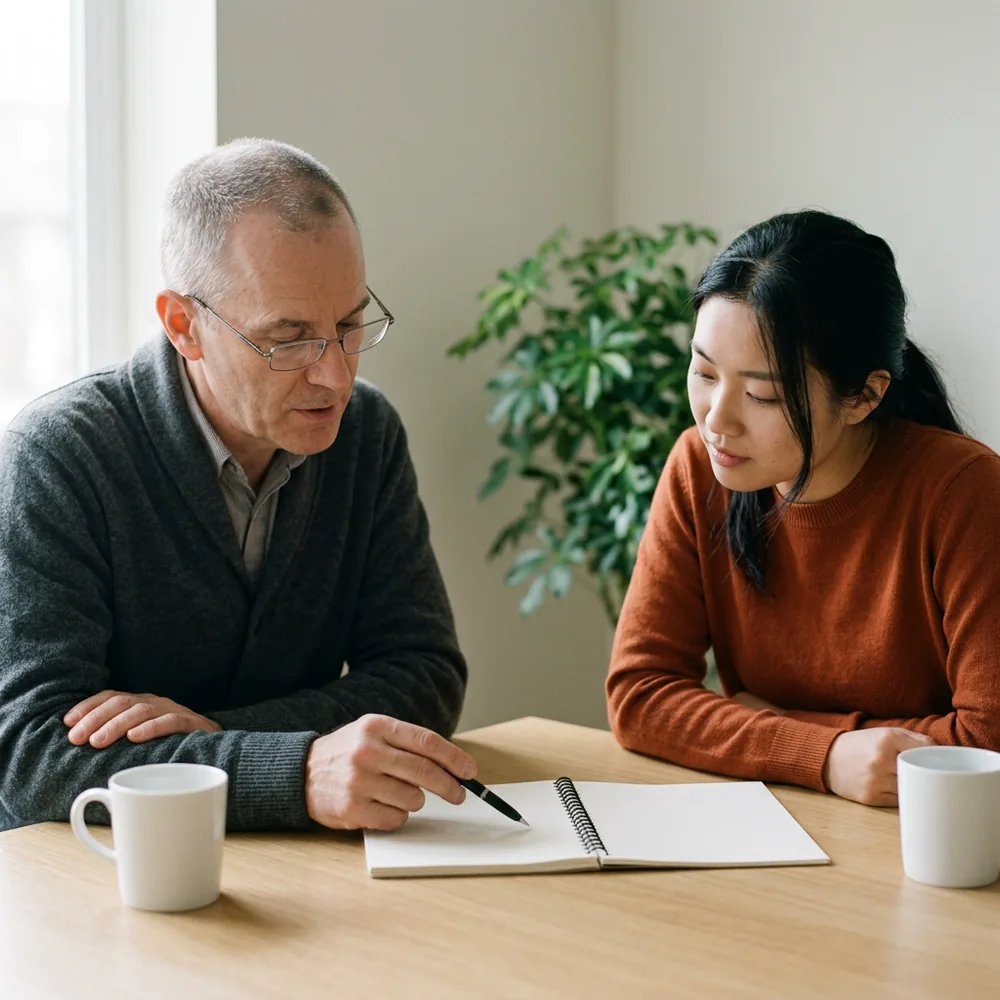 A senior engineer and a newer colleague sit side by side at one desk, heads together over an open spiral notebook