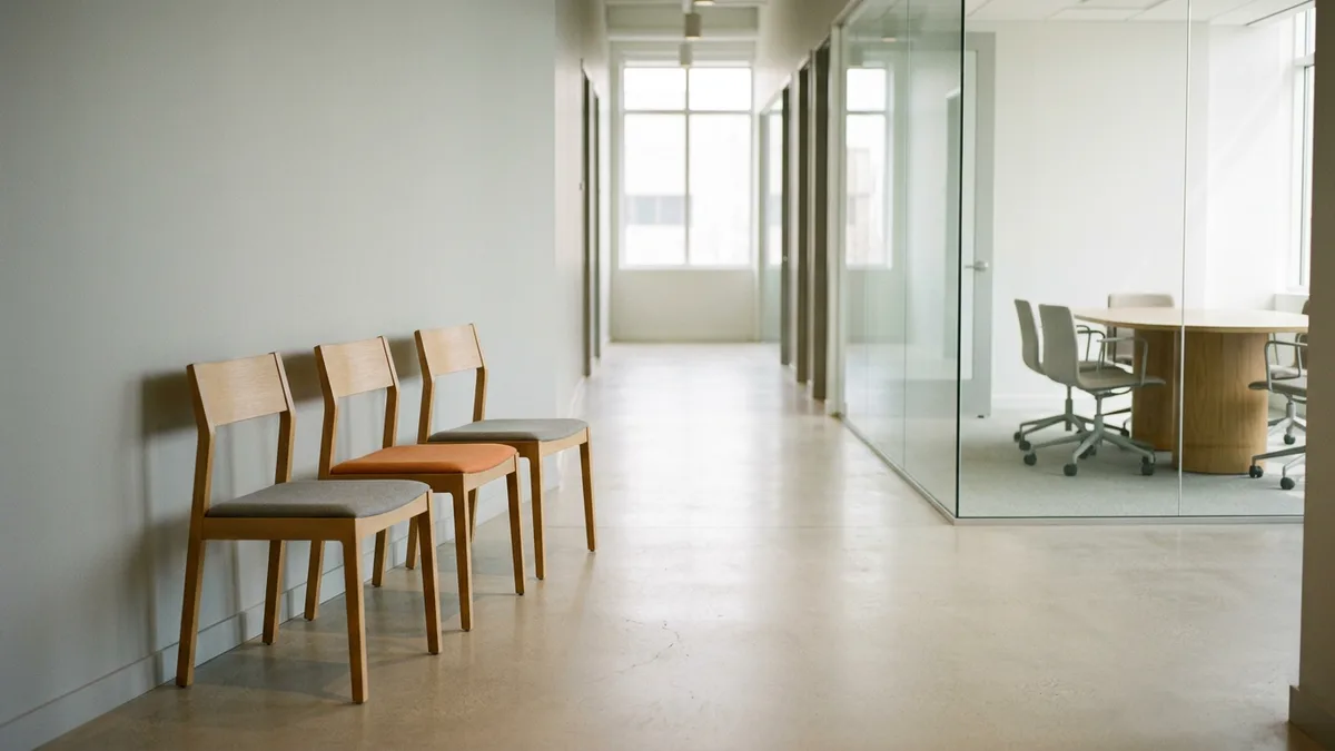 Three empty wooden chairs lined up outside a glass-walled meeting room, representing finalists in a hiring search where nobody will make a decision