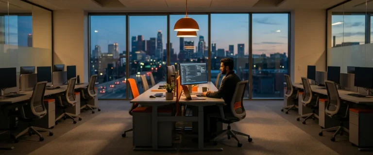 Software engineering team workspace at dusk, illustrating how to hire an application security engineer in 2026