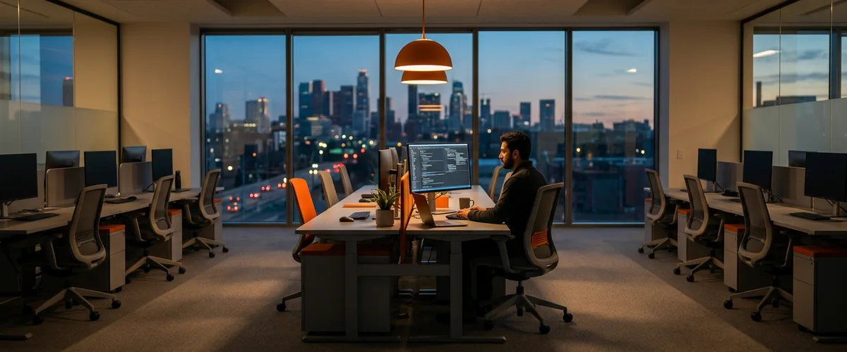 Software engineering team workspace at dusk, illustrating how to hire an application security engineer in 2026