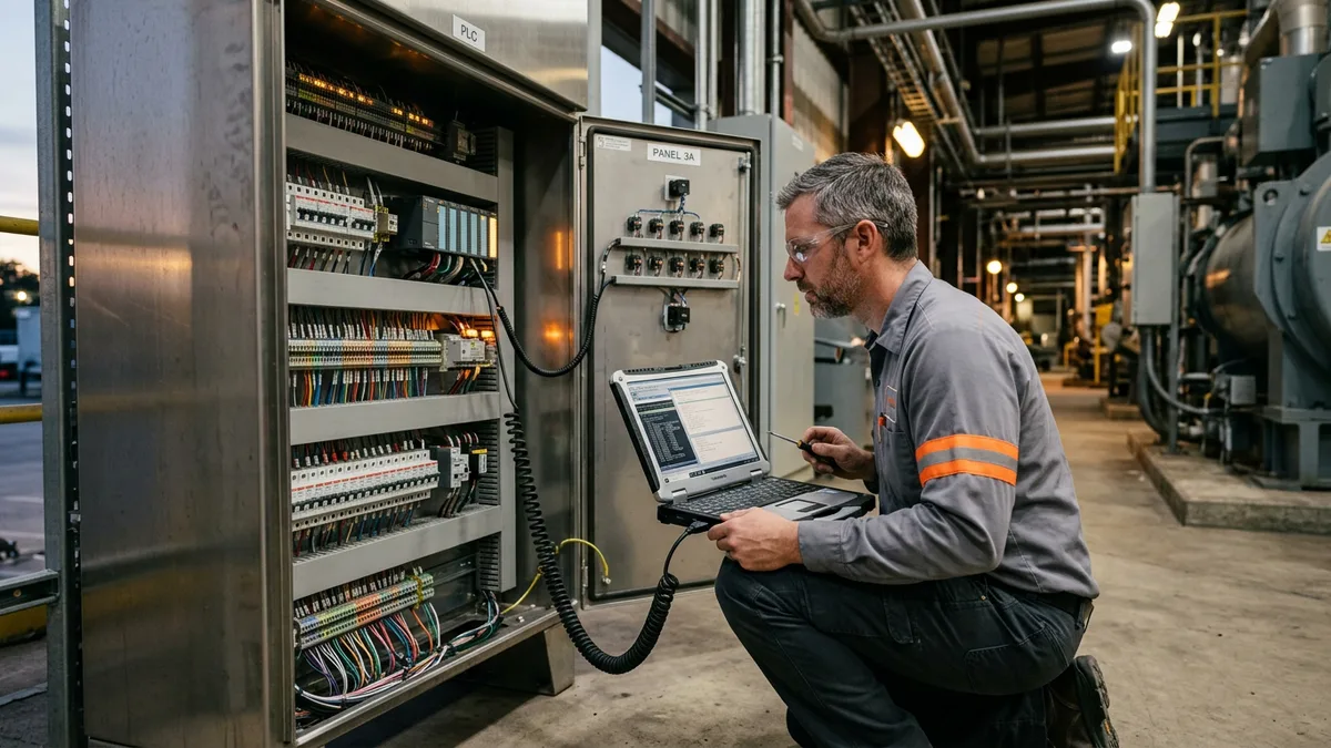 Automation engineer crouched at an open PLC control panel with a rugged laptop connected during commissioning