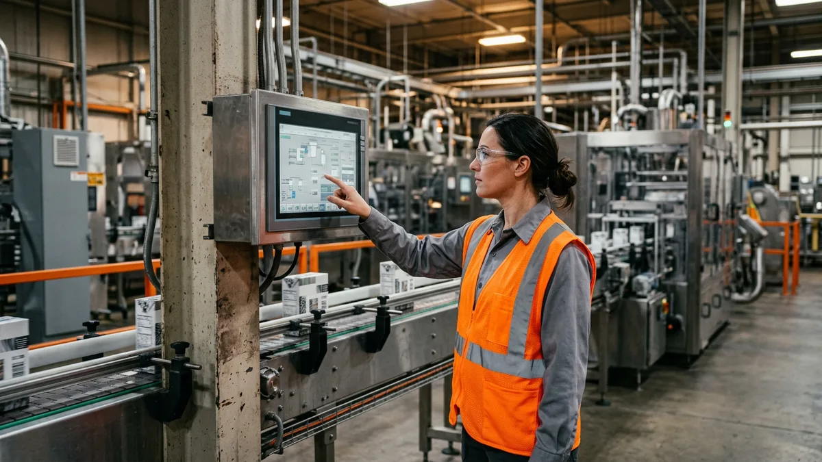 Automation engineer in an orange safety vest touching an industrial HMI screen beside a running packaging conveyor line