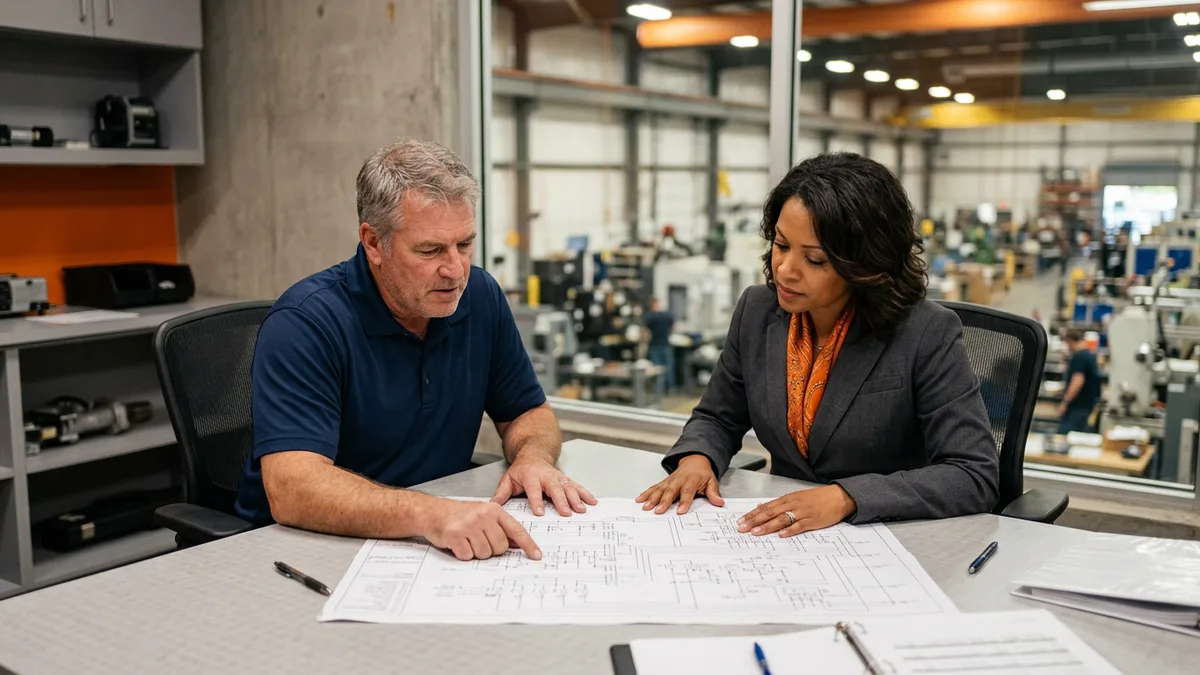 Maintenance manager and hiring manager reviewing large printed electrical schematics at a table overlooking a production floor