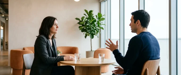 Hiring manager listening to a frontend developer candidate explain his approach during an interview in an office lounge