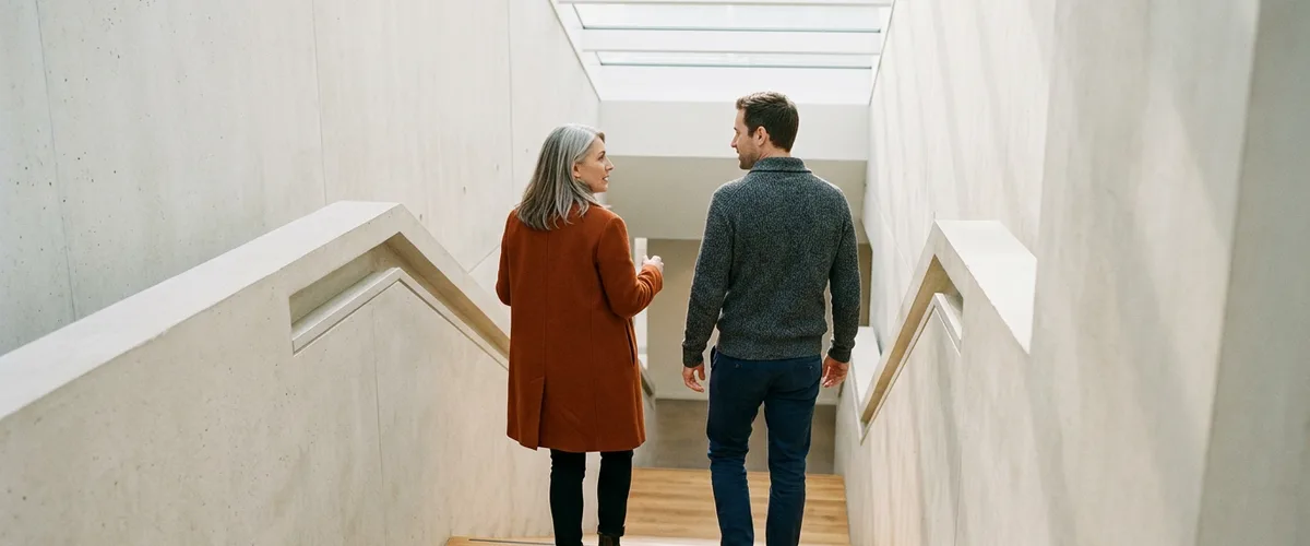 Two insurance technology professionals talking as they walk down an open concrete and oak staircase while planning a Guidewire developer hire