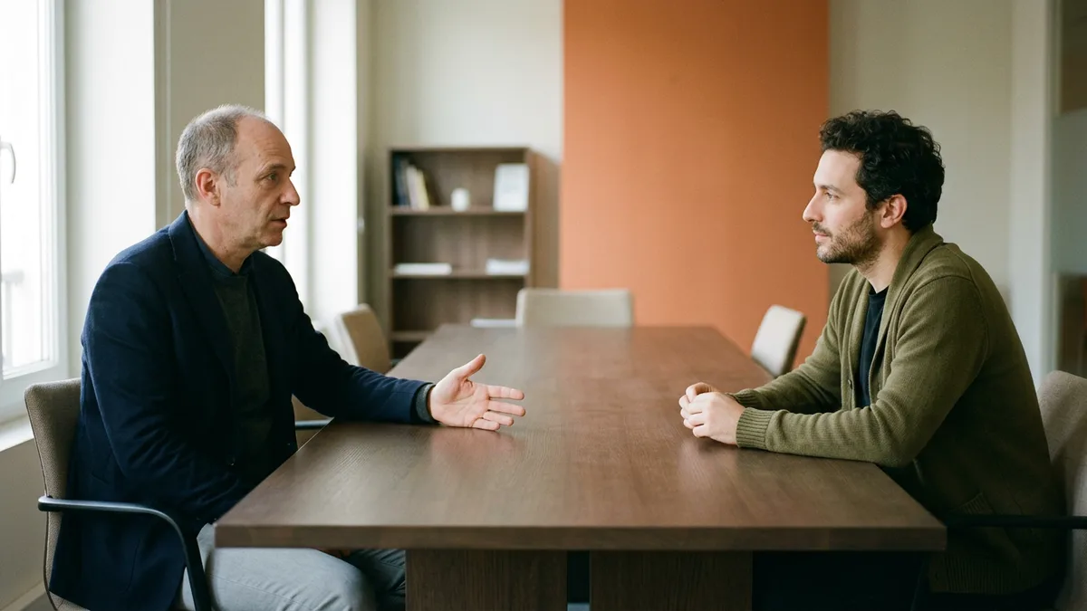 Hiring manager and data engineering lead at a bare table scoping an Informatica developer role