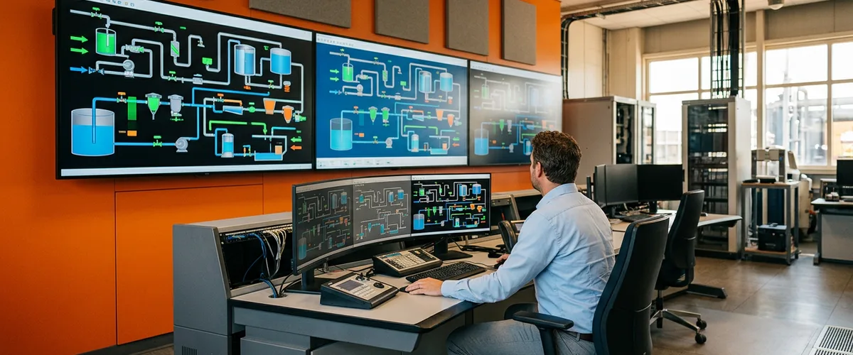 Industrial SCADA control room with wall-mounted process mimic displays at a water treatment facility