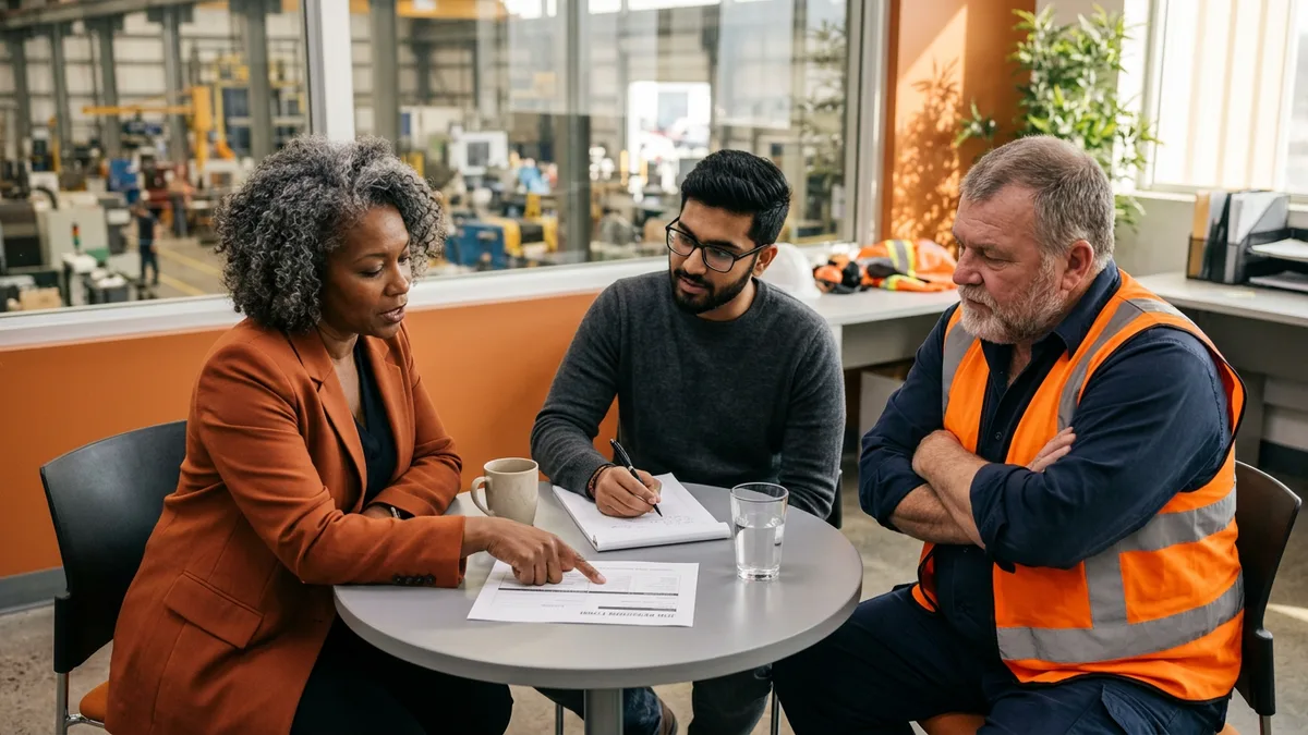 Plant hiring team reviewing a printed SCADA engineer job requisition at a table in a manufacturing facility office