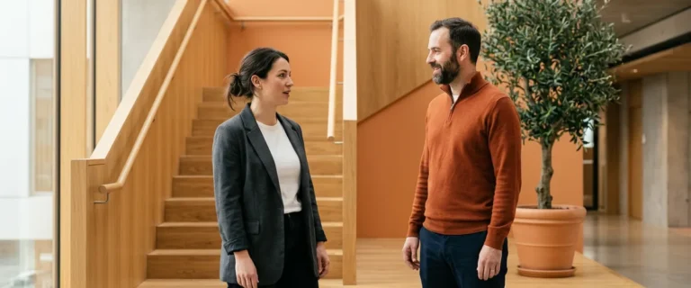 Hiring manager and colleague discussing a contract-first rebuild plan after layoffs on an office staircase